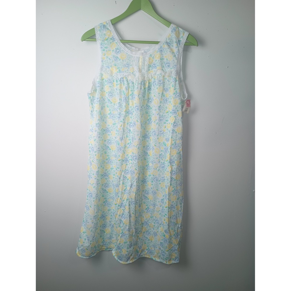 Vintage Floral Sleeveless Nightgown Blue Yellow Lace Trim RN 71970 Large NWT